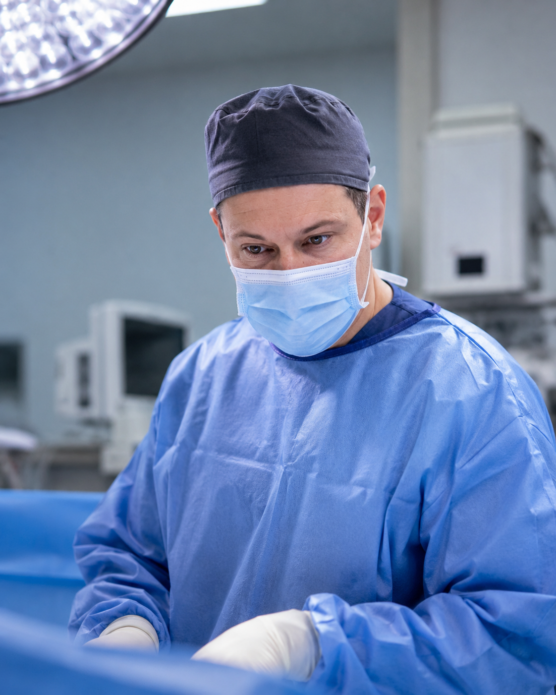 Operating theatre detail — instruments on tray, low light, no patient