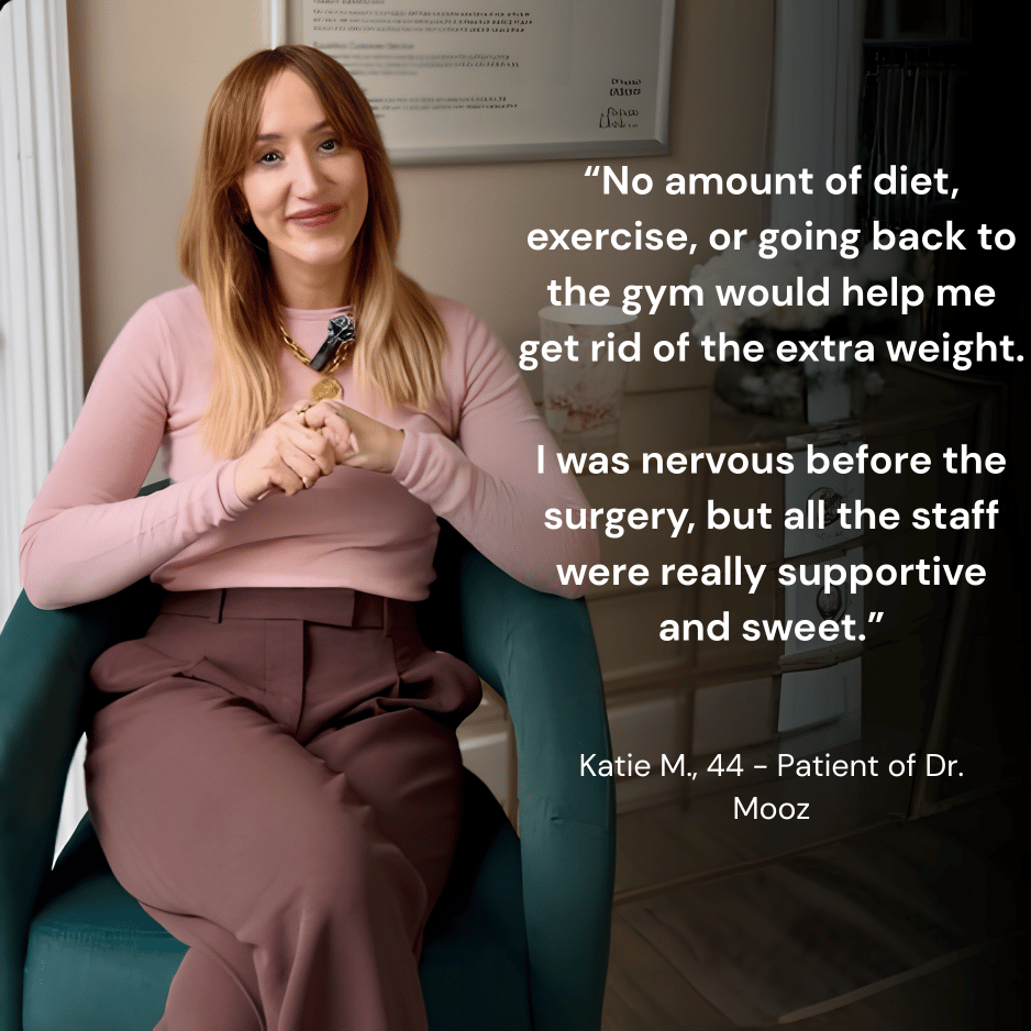 Verified patient quote from Katie, 44: no amount of diet, exercise, or going back to the gym would help me get rid of the extra weight.